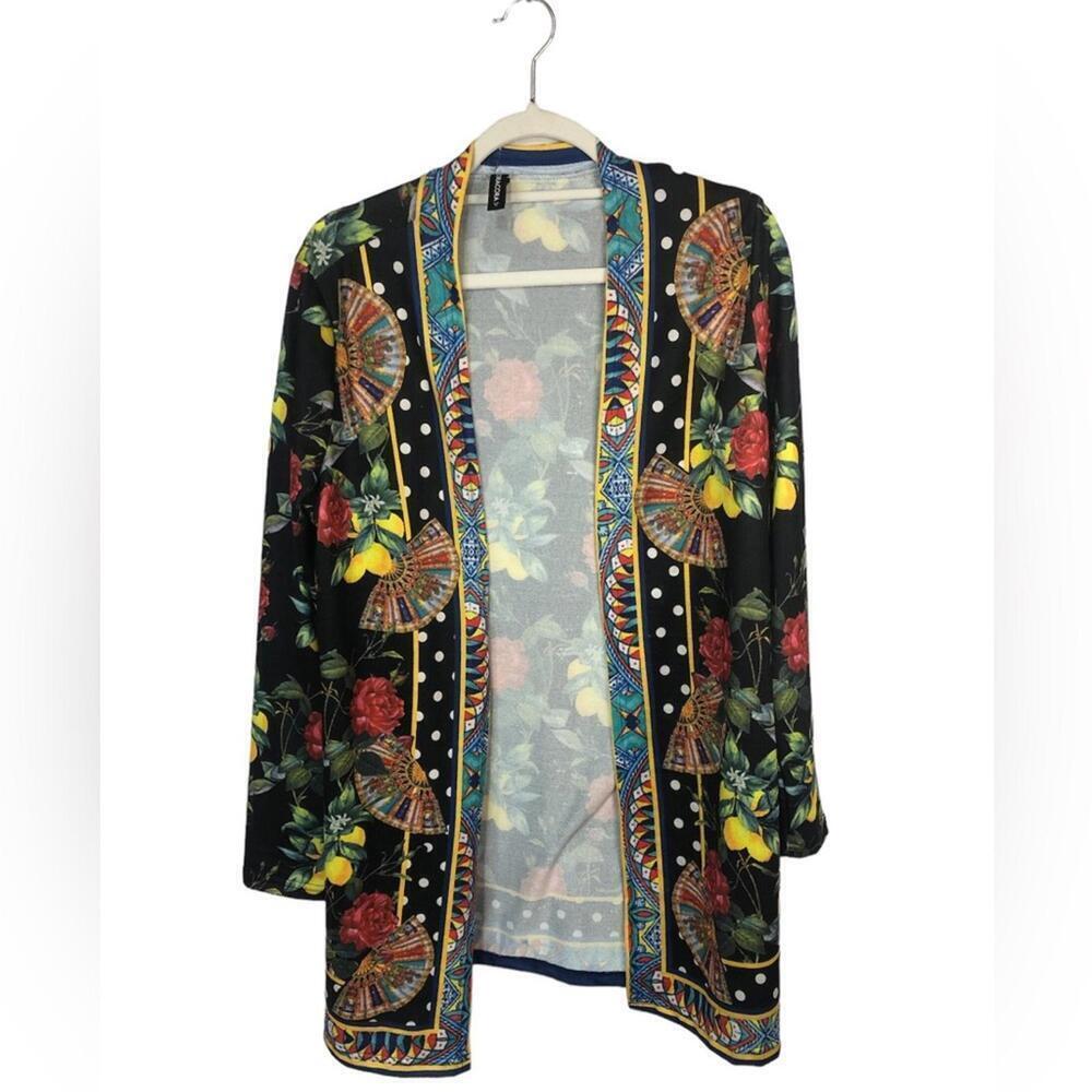 NoraCora Multicolor No Closure Cardigan Roses and Lemon Pattern Soft Knit Fabric